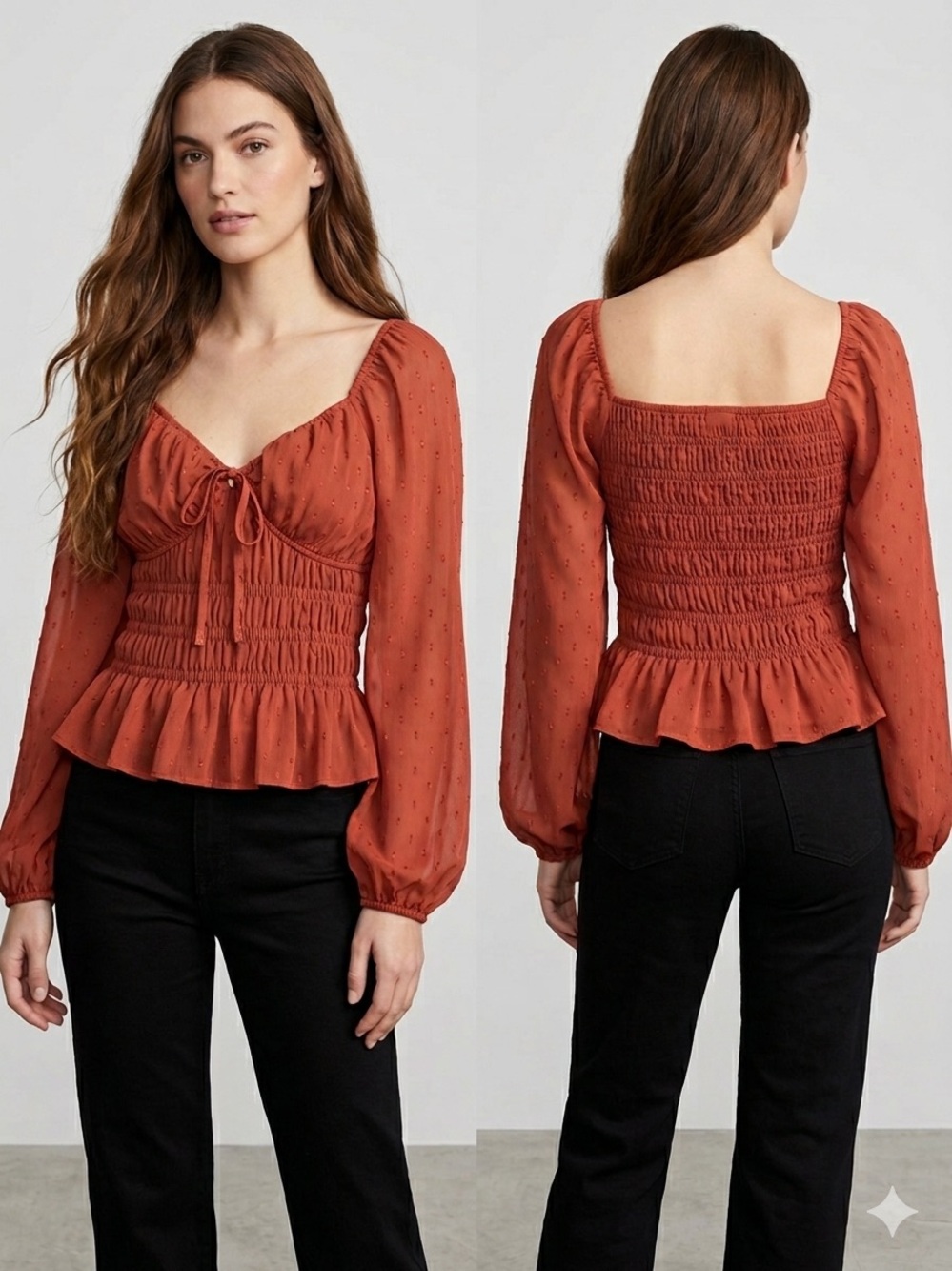 EXPRESS Rust Orange Smocked Blouse XS Chiffon Clip Dot Long Sleeve Crop Top